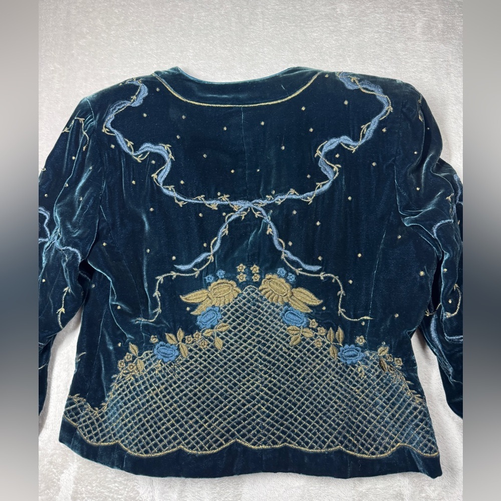 Vintage Worth Silk Blend Dark Teal Velvet Embroidered Celestial Blazer Size 4P - Picture 14 of 17